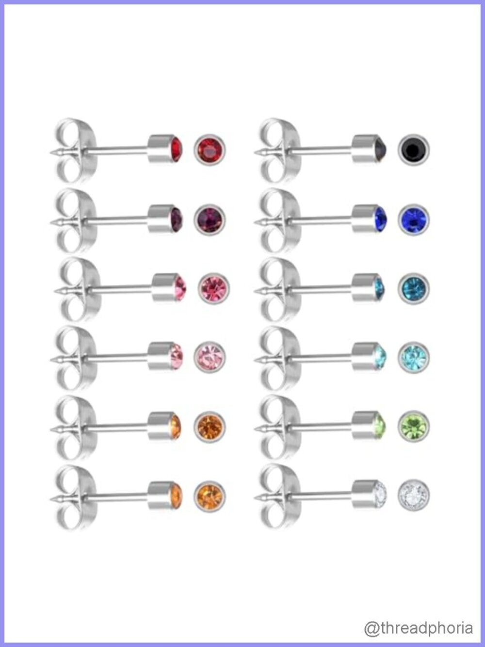 12 Pairs Surgical Stainless Steel Stud Earrings Cubic Zirconia Piercing Set